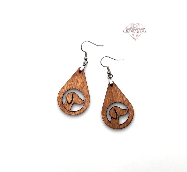 Choice of Silver Tone or Gold Plated Ear Wires Dog Silhouette Teardrop Wood Earrings Lightweight