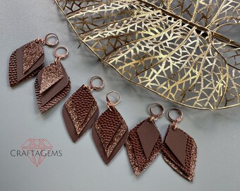 Geometric 3 Layer Leather Earrings - Real Faux Glitter -  Brown - Round Copper Lever Back Ear Wires