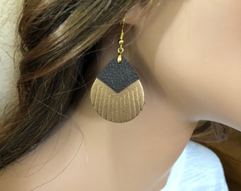 Real Leather Teardrop Fringe Earrings in Bronze and Dark Brown - Gold Plated Ear Hooks