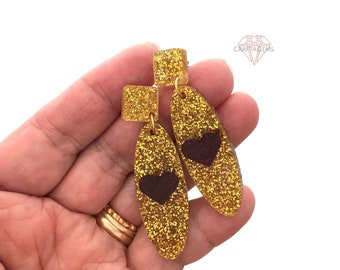 Gold Glitter Red Heart Acrylic Stud Earring Dangles