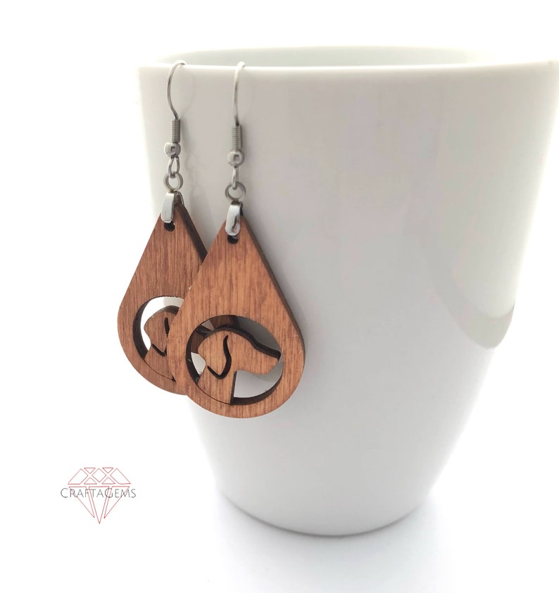 Choice of Silver Tone or Gold Plated Ear Wires Dog Silhouette Teardrop Wood Earrings Lightweight