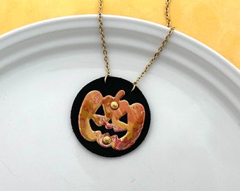 Recycled Metal and Leather Orange Pumpkin Earrings or Necklace for Halloween Thanksgiving Fun