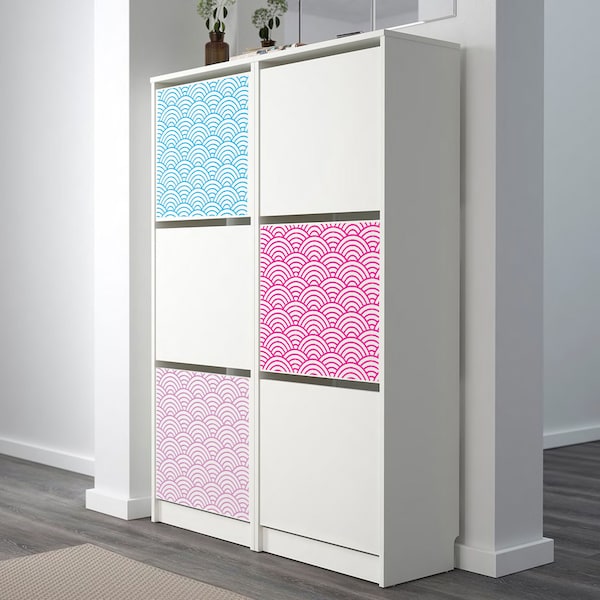 Furniture overlays / Removable vinyl decal for IKEA BISSA shoe cabinet decal Japanese wave pattern  stickers dresser hack overlays