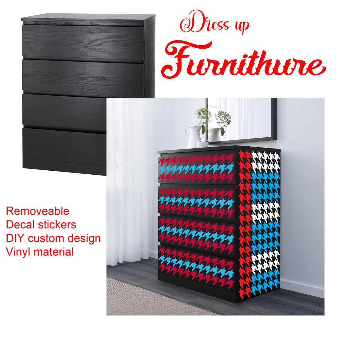Houndstooth Dresser Decals for IKEA MALM Drawer Chest Decal Stickers