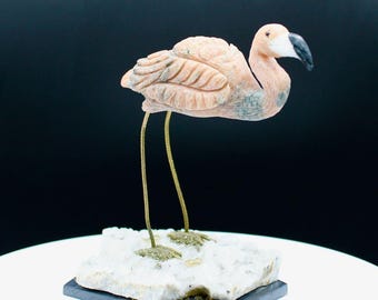 Natural Rhodonite Handcrafted Flamingo On A Quartz Base.