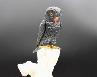 Natural Black Obsidian Handcrafted Owl Carving, On A White Aragonite Base.