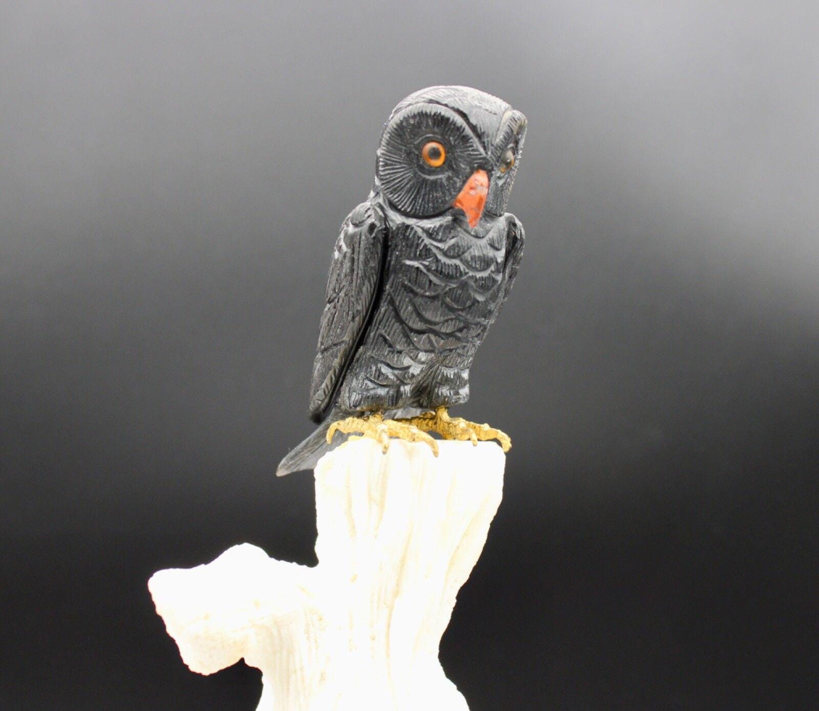 Natural Black Obsidian Handcrafted Owl Carving, On A White Aragonite Base.