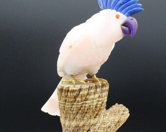 Rose Quartz Cockatoo Carving With Lapis Lazuli Crest, Sugilite Beak On Aragonite Base.