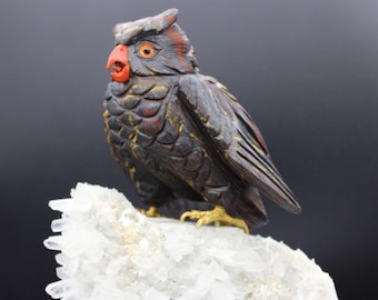 Australian Tiger Eye Mara Mamba Handcrafted Owl Carving On Pointy Quartz Base.