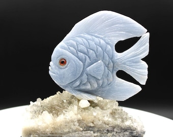 Natural Blue Calcite Handcrafted Fish, On A Quartz Base.
