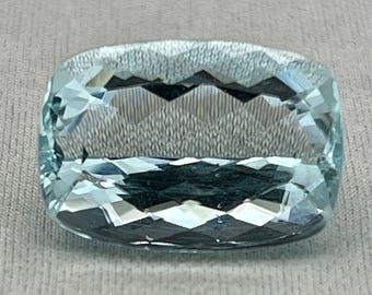 Natural Aquamarine, 13.23 Carat Cushion Cut Faceted Loose Gemstone.