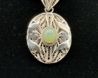 95% Silver Filigree Intricate Handcrafted Pendant, With Green Natural Chalcedony Center Gemstone.
