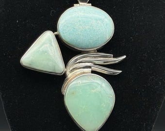 Genuine Natural Blue Andean Opal & Turquoise Pendant mounted On Sterling Silver.