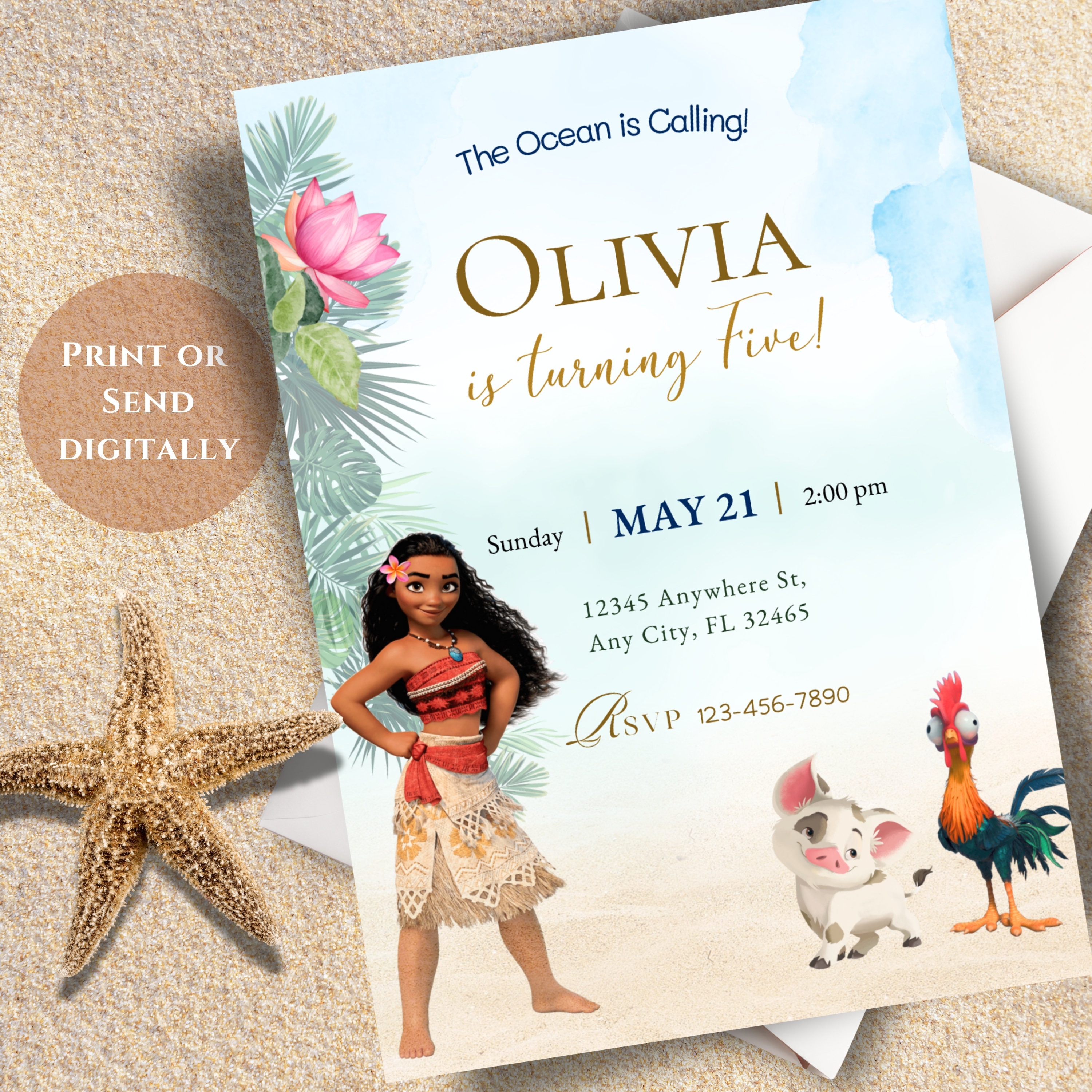 Moana Birthday Digital Invitation | Editable invitation | Moana Party Invite | Girl Invite | Editable Corjl Birthday Template Printable #101