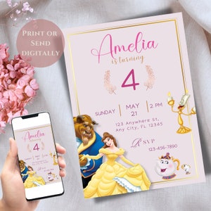 Digitale verjaardagskaart prinses Belle | Bewerkbare en afdrukbare sjabloonkaart | Beauty & Beast-uitnodiging | direct downloaden!