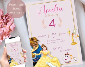 Princess Belle Invitation Digital Birthday Card | Editable and Printable template Card | Beauty & Beast Invite | instant download!