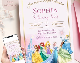 Princess Birthday Invitation Template | Princess Editable Printable Invite | Instant Download | Girls watercolor Birthday invite