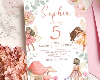 Digital Fairy birthday invitation, editable and instant download, personalized, digital, printable. Invitación digital cumpleaños hada.