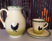 Vintage Zeller Keramik Germany Rooster Hen Pitcher Cup Saucer Set A5 1970s Yellow Retro Mid Century
