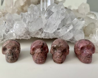 Può includere: Quattro piccoli teschi scolpiti in pietra rosa e marrone. I teschi sono disposti in fila, ognuno con dettagliati lineamenti del viso. Un gruppo di cristalli di quarzo trasparente forma lo sfondo.