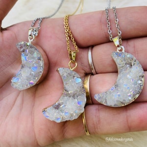Sterling silver  Angel Aura Quartz Crystal Crescent Moon Necklace