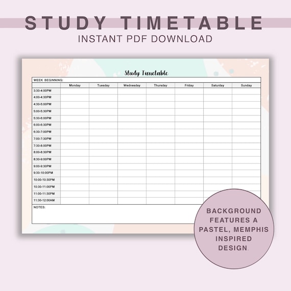 Study Timetable Template Instant Pdf Download Etsy