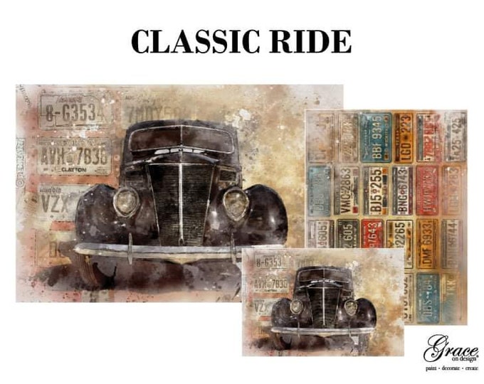 Classic Ride Decoupage Paper 3 Piece Pack - Grace on Design - Same Day Shipping - Furniture Decoupage - Decor Decoupage - Vintage Car