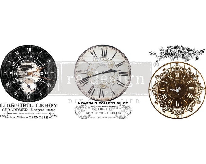 Vintage Clocks mid size transfers by Redesign with Prima 8.5" x 11" - Same Day Shipping - Rub On transfers - Decor transfers