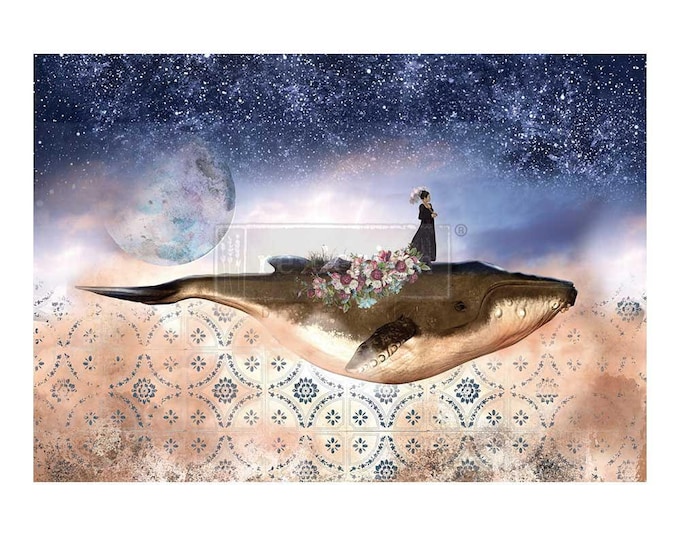 Whale in Cosmos A1 Fiber Decoupage Paper Redesign with Prima 23.4"x33.1" - Same Day Shipping - Furniture Decoupage - Large Paper Decoupage