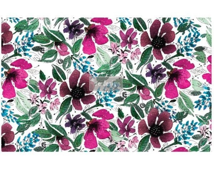 Watercolor Flora Decoupage tissue paper 1 sheet Redesign with Prima - Same Day Shipping - Mulberry Paper - Furniture Decoupage Paper