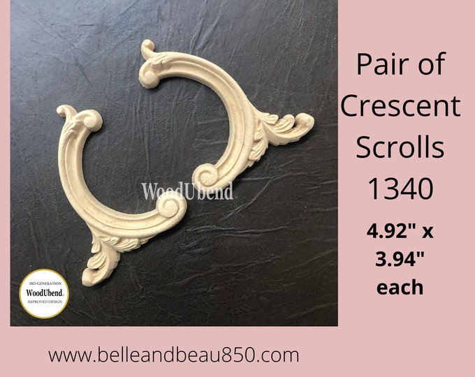 WoodUBend Pair of Crescent Scrolls 1340 - Same Day Shipping - Heat Bendable Applique -Can be Painted, Stained, Drilled - Furniture Applique