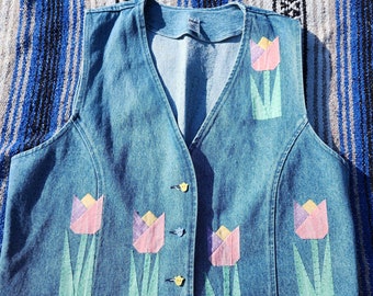 Vintage 90's Denim Vest Patchwork Tulips