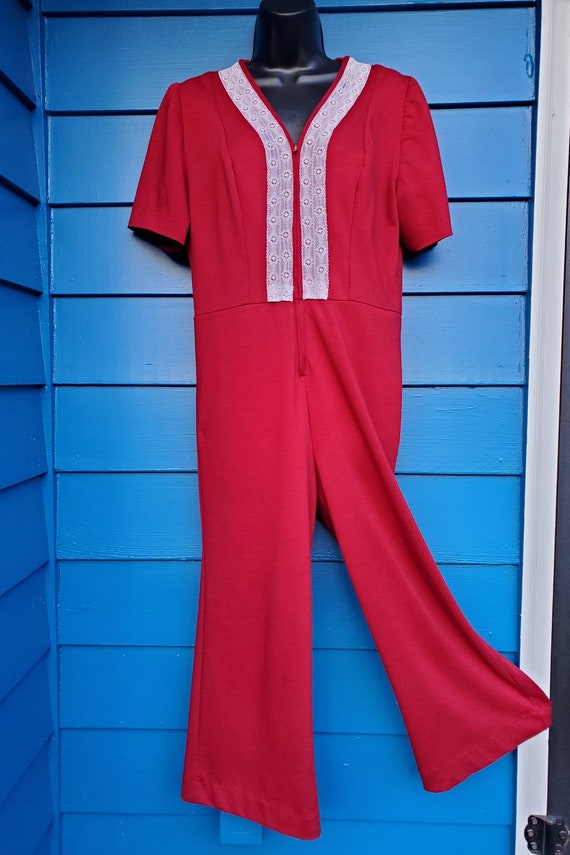 Vintage 70's Jumpsuit Red Cotton Romper - image 1