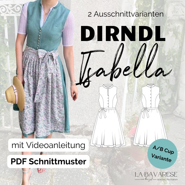 hochgeschlossenes Dirndl Schnittmuster mit Stehkragen, PDF Schnittmuster für Damen in deutsch, Gr. 32-50, A/B-Cup