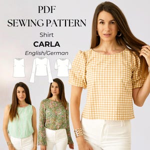 Woven Top Sewing Pattern, Round Neck, Sleeveless, Puff Sleeve & Trumpet Sleeve, PDF Pattern for Women, Sizes EU 32–50 / US 0–18