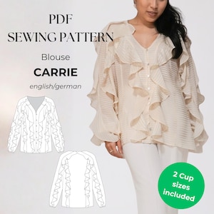 Boho Bluse mit Volants, PDF Schnittmuster Damen, Gr. 32–50, romantische Oversize Bluse mit Rüschen, 2 Cup Varianten deutsch und englisch