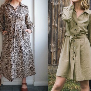 May include: Two women wearing long-sleeved dresses. The dress on the left is a beige and black animal print with a tie waist. The dress on the right is a solid sage green with a tie waist.