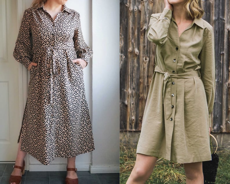 May include: Two women wearing long-sleeved dresses. The dress on the left is a beige and black animal print with a tie waist. The dress on the right is a solid sage green with a tie waist.