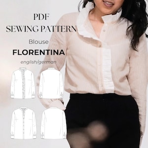 Klassische Bluse mit Stehkragen & Rüschen, French-Chic Look, PDF Schnittmuster Damen, Größen 32–50 (Deutsch und englisch)