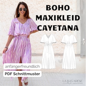 Summer maxi dress for women with bell sleeves, PDF pattern, size 32-50 in German