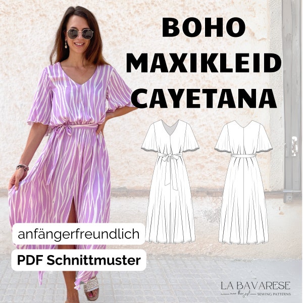 Sommer Maxikleid für Damen mit Glockenärmel, PDF Schnittmuster, Gr. 32-50 in deutscher Sprache