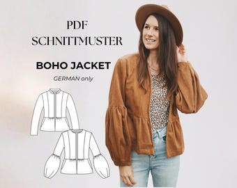 Patrón de costura en PDF para chaqueta de mujer, tallas 32 a 50, formato A4 y A0.