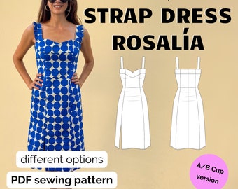 Strapless Sweetheart Neckline Dress Rosalía, digital PDF Sewing Pattern for her in English, Size EU32-50, US0-16, UK 4-22, A4/A0/US Letter