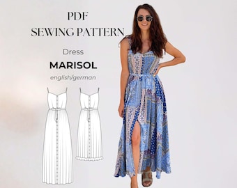 Maxi dress, summer dress, strappy dress, beach dress, PDF sewing pattern, circle skirt, USLetter, US0-18, englisch/German, button up dress