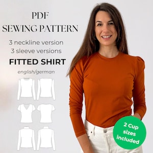 Basic Shirt, eng geschnittenes Damen T-Shirt, V-Ausschnitt, Rundhals, Rollkragen, Puff Ärmel, kurz, Longsleeve, PDF Schnittmuster Gr. 32–50