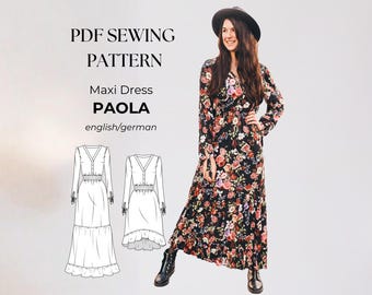 Boho Dress Sewing Pattern PDF, Tiered Dress with Smocked Waist, 3 Lengths, Puff Sleeves, Sizes EU 32–50 / US 0–18
