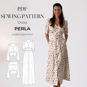 Könnte beinhalten: Eine Frau trägt ein Kleid mit Blumenmuster, Knopfleiste und Taschen. Das Bild enthält ein Schnittmuster mit dem Text "PDF SEWING PATTERN Dress PERLA english/german". Der Kleiderentwurf ist ebenfalls abgebildet.