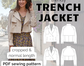 cropped Trenchcoat, Trenchjacket, PDF sewing pattern for women, A4/US Letter/A0, sizes Eu 32-50/Us 0-18/Uk 4-22 in English