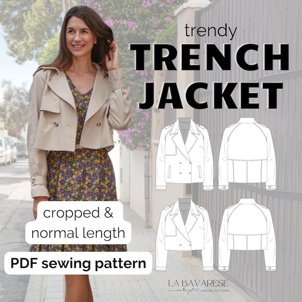 cropped trench coat, trench jacket, PDF sewing pattern for women, A4/US Letter/A0, sizes Eu 32-50/Us 0-18/Uk 4-22 in English