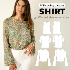 Blusa camisera de mujer con mangas abullonadas, mangas trompeta, sin mangas, patrón de costura PDF, A4/US Letter/A0, tallas Eu 32-50/Us 0-18/Uk 4-22 Inglés